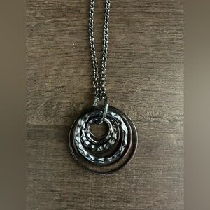 Layered Hammered Circle Pendant Necklace Dark Silver Gunmetal Statement Necklace